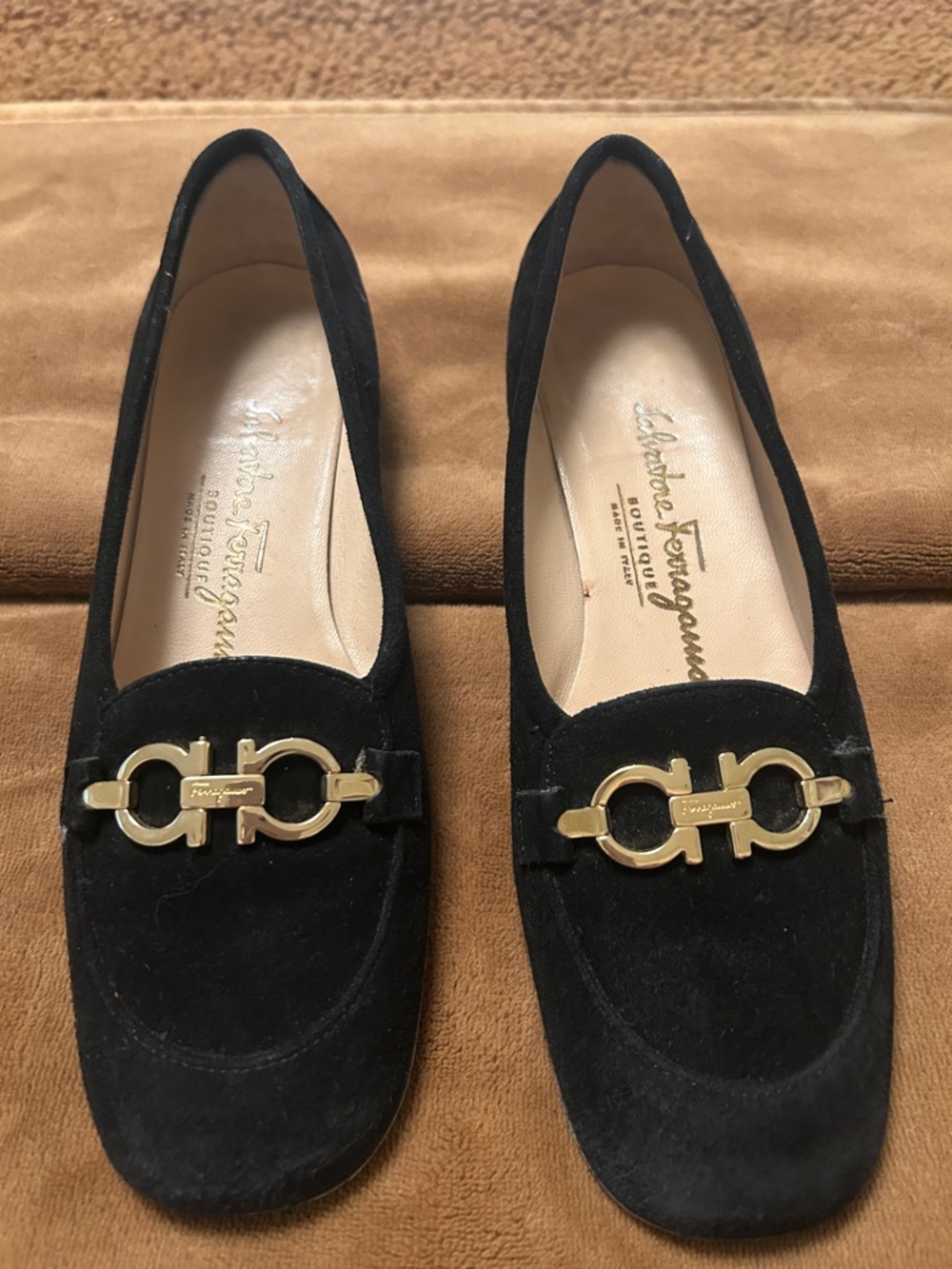 Salvatore Ferragamo Black Suede Loafers with Gold Gancini Hardware